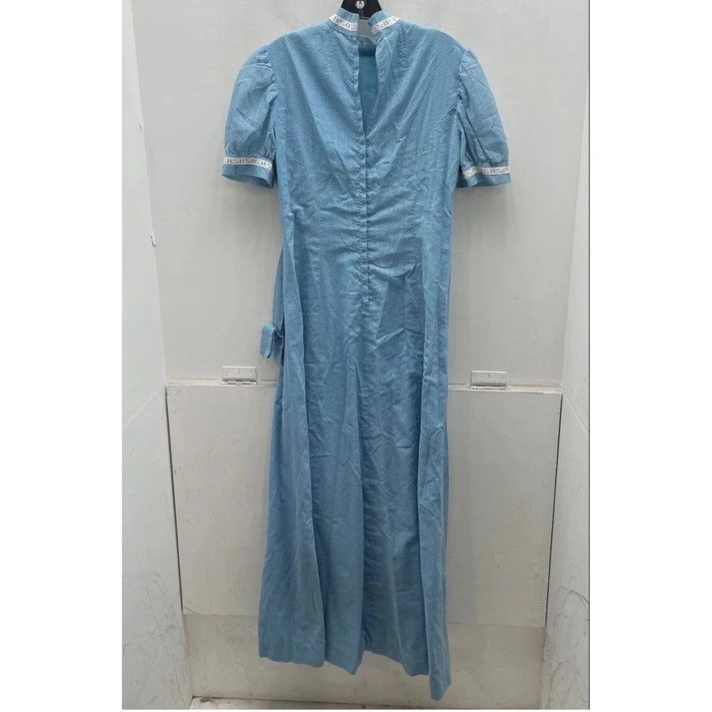 Vintage‎ Cottagecore Blue Polka Dot Maxi Dress Lace Trim Puff Sleeve Prairie s/m